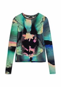Cămașă cu mâneci lungi dintr-un material moale, având un model abstract multicolor cu nuanțe de verde, albastru și roz. Gât rotund, design ajustat.