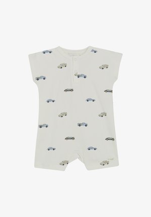 Kortærmet, cremefarvet jumpsuit med knaplukning, der har et legende mønster af forskellige biler i forskellige farver og designs.