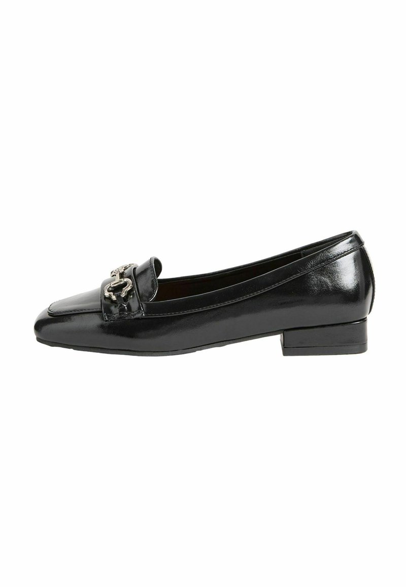 Black patent leather loafers with a pointed toe, featuring a decorative buckle on the vamp and a low-block heel. Smooth texture.