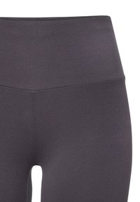 High-waisted gray leggings made of stretchy fabric with a smooth texture, featuring a seamless design and subtle stitching details.