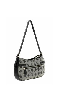 Sac hobo avec un corps en tissu gris à motifs et des accents en cuir noir, comprenant une poche zippée à l'avant et une bandoulière réglable unique.