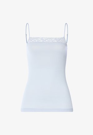 Jasnoniebieska koszulka na cienkich regulowanych ramiączkach, z koronkową lamówką przy dekolcie i gładkim, dopasowanym gorsetem.
