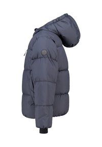 Marineblauwe pufferjack met capuchon, voorzien van doorgestikte delen, een ronde logopatch op de linkerarm en elastische manchetten.