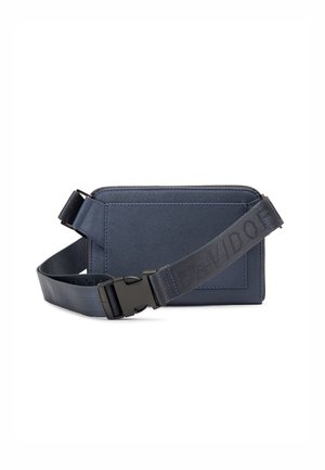 Navy blue crossbody bag made of textured synthetic material, featuring a detachable strap with "DAVIDOFF" printed, and a zippered closure.