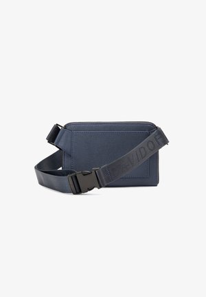 Navy blue crossbody bag made of textured synthetic material, featuring a detachable strap with "DAVIDOFF" printed, and a zippered closure.