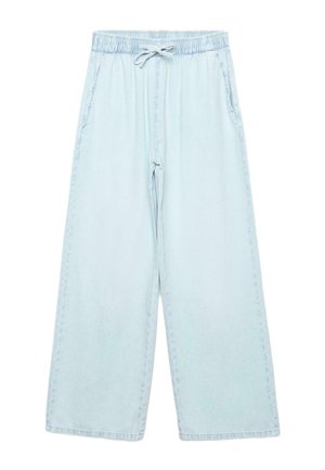 Lichtblauwe wijde broek met elastische tailleband en trekkoord, voorzien van zijzakken en een losse pasvorm.