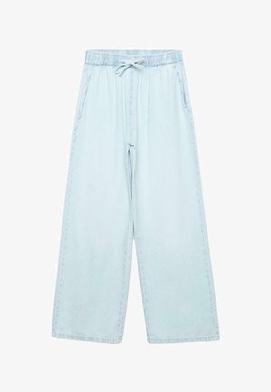 Lichtblauwe wijde broek met elastische tailleband en trekkoord, voorzien van zijzakken en een losse pasvorm.