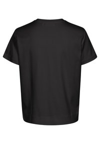 Must lühikeste varrukatega t-särk ümmarguse kaelusega, pehme kangaga ja lõdva istuvusega. Tagaküljel on puhas, õmblusteta disain ilma kaunistusteta.