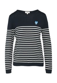 Marineblau-weiß gestreifter Pullover mit Rundhalsausschnitt, langen Ärmeln und einem kleinen blauen Herz-Symbol auf der linken Brustseite. Weicher, gestrickter Stoff.