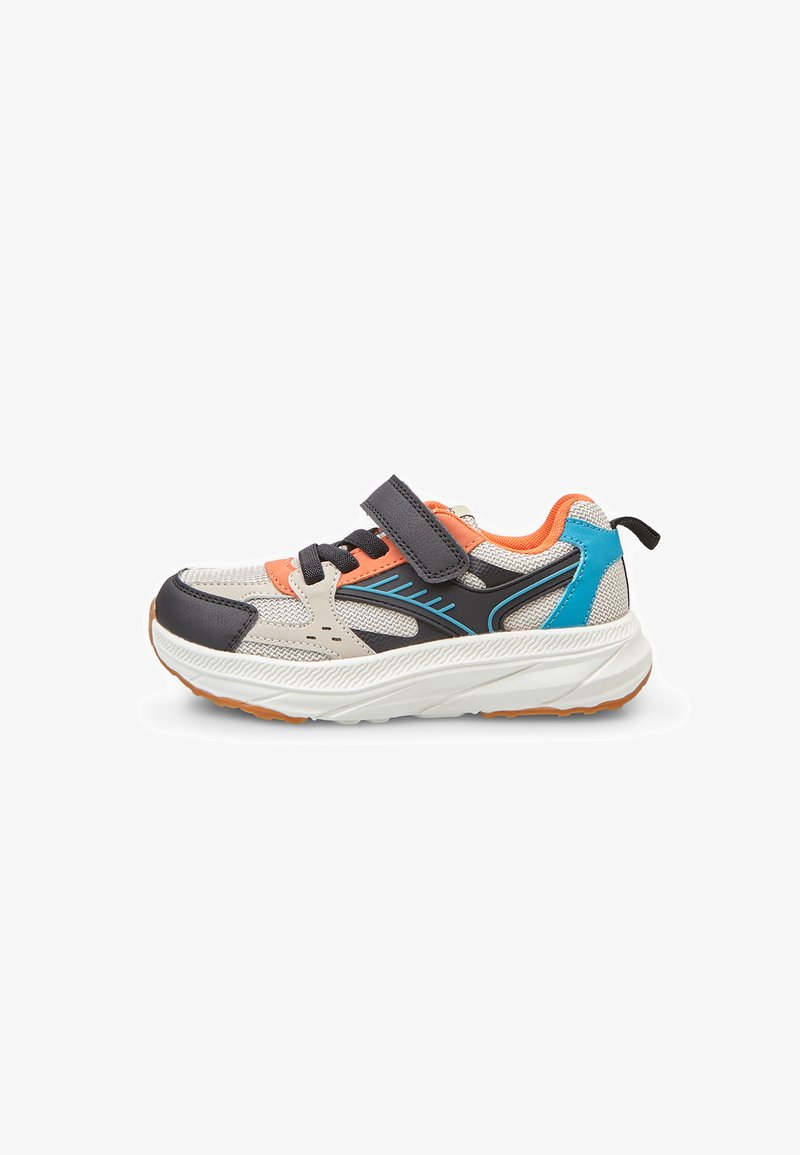 Children's sneakers featuring a mesh upper in beige and black with orange and blue accents, a Velcro strap, and a textured white sole.
