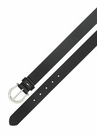 Czarny skórzany pasek z okrągłą srebrną klamrą, z wieloma otworami do regulacji i gładką fakturą. Prosty, klasyczny design.