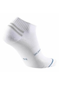 Calza bianca alla caviglia con texture a coste, dettaglio a righe grigie e blu, tallone rinforzato e marcature di taglia sul lato.