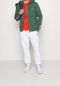 Zelená mikina s kapucí se dvěma bočními pruhy, červené tričko, bílé tepláky a bílé tenisky. Výrazné detaily zahrnují loga značek na mikině a kalhotách.