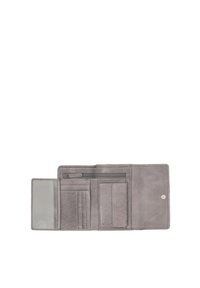Szary skórzany portfel z wieloma przegródkami na karty, zapinaną na zamek komorą oraz gładką fakturą. Posiada zapięcie na zatrzask i boczną kieszeń.