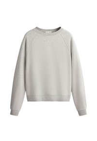 Sweat-shirt gris clair à manches longues avec col rond, poignets, encolure et ourlet côtelés, présenté sur fond blanc.