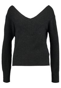 Musta neulepaita syvällä V-kaula-aukolla, pitkillä hihoilla sekä ribbireunuksilla hihoissa ja helmassa. Omaavansa tekstuurin ja rentoa siluettia.