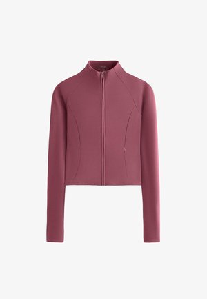 Dlouhý rukáv, mauve bunda na zip s vysokým límcem a dvěma postranními kapsami na zip, zobrazena na bílém pozadí.