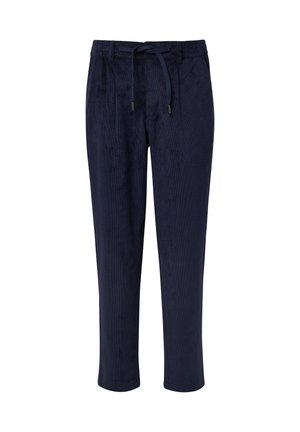 Marineblauwe broek van zacht materiaal met een gestructureerde afwerking, voorzien van een elastische tailleband en een trekkabel, met een cropped lengte.