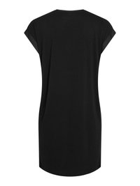 Tunique noire à manches courtes avec un décolleté arrondi et une coupe ample. Fabriquée en tissu doux et lisse avec un ourlet légèrement arrondi.