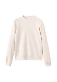 Sudadera beige clara hecha de tejido suave, con cuello redondo, mangas largas y puños y dobladillo de canalé para un ajuste relajado.