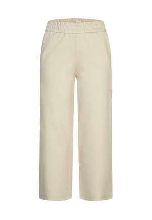 Beige weite Hosen aus sanftem Stoff, mit elastischem Bund und glatter Textur im schlichten Design.