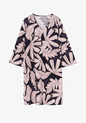 Lillelille mustriga kleit V-kaelusega, millel on suured roosa ja kreemika lehed tumedal taustal. Valmistatud kerge kangaga.