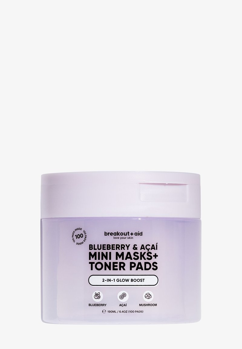 Beholder med blåbær- og açaí-mini masker og tonerpads med glow boost, indeholdende 190 ml og 100 pads, mærket med nøgleingredienser.