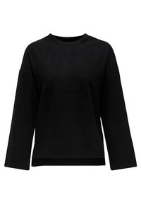 Pull-over noir à coupe décontractée, avec manches longues, col rond, et une texture lisse et douce. Aucun motif ni élément matériel visible.
