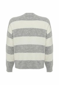 Pull rayé en mélange de laine douce gris et crème. Large rayures horizontales avec un col et des poignets côtelés. Coupe décontractée, vue de dos.