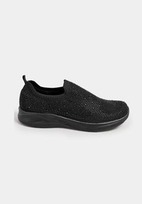 Baskets noires à enfiler avec une tige texturée ornée de strass, un col en tricot extensible et une semelle noire rembourrée.