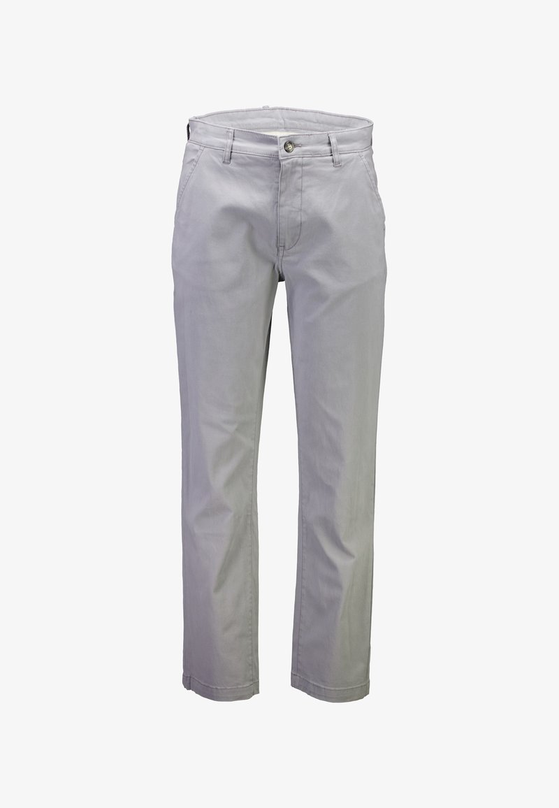 Jasnoszare bawełniane spodnie o prostym kroju, z zapięciem na guziki z przodu, szlufkami na pasek oraz dwoma kieszeniami po bokach.
