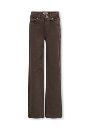 Brune højttaljede vidde jeans med knap og lynlås foran, frontlommer og bæltestropper, vist fladt på hvid baggrund.