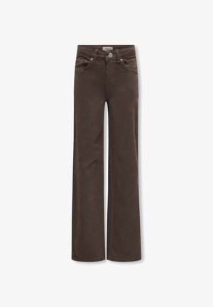 Bruine jeans met hoge taille en wijde pijpen, met voorknop en ritssluiting, voorzakken en riemlussen, platliggend op een witte achtergrond.
