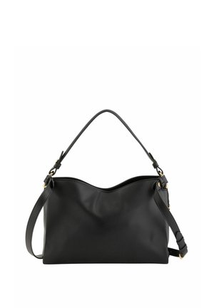 Sac à main en cuir noir avec une poignée unique sur le dessus et une bandoulière réglable, équipé de ferrures dorées et d’un bord supérieur légèrement incurvé.