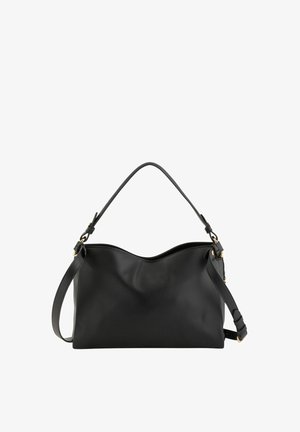 Bolso de mano de cuero negro con una única asa superior y correa de hombro ajustable, con herrajes en tono dorado y un borde superior ligeramente curvado.