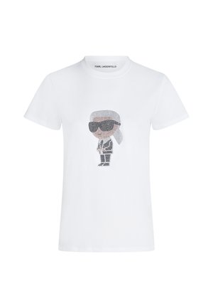 Bijela pamučna majica s crno-sivim crtanim dizajnom figure koja nosi sunčane naočale i odijelo. Okrugli izrez, kratki rukavi.