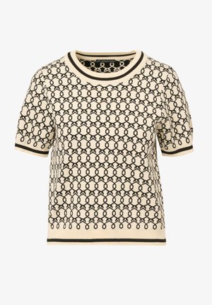 Krátký rukáv pletený svetr v krémové barvě s černým geometrickým vzorem, se žebrovaným límcem a lemem s kontrastními pruhy.