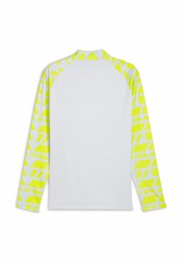 Långärmad sporttröja, vit kropp med ett klart gult geometriskt mönster på ärmarna, mjukt tyg och hög krage.