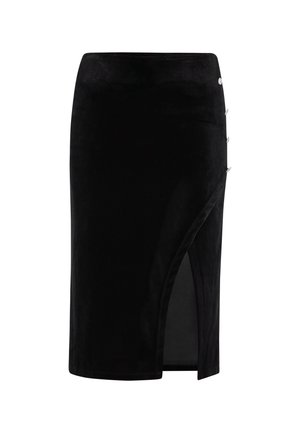 Melnas samta svārku svītra ar sānu atvērumu, kā arī dekoratīvu sudraba aksesuāru un gludu tekstūru. Piedāvā šaura piegriezuma izskatu.