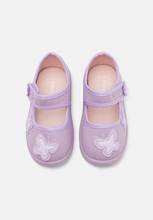 Purple fabric Mary Jane shoes with a strap, featuring a butterfly design in lighter purple and white stitching on the toe area.
