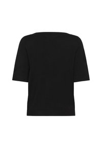 Top nero a maniche corte con scollo rotondo e vestibilità leggermente ampia. Il tessuto ha una superficie liscia e un design semplice, senza ulteriori decorazioni.