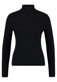 Pull à col montant noir avec des manches longues, présentant une texture côtelée et un design ajusté, fabriqué à partir d'un matériau doux et extensible.