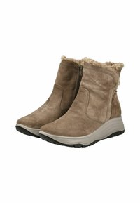 Bruine suède enkellaarsjes met een faux fur kraag, een zijrits en een wigzool, met een gestructureerde afwerking en een zachte binnenvoering.