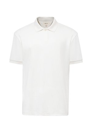 Plain white short-sleeve polo shirt with a buttoned collar, displayed on a white background.