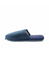 Zapatilla azul marino hecha de tela suave con un interior acolchado, que presenta un perfil bajo, punta redondeada y plantilla texturizada morada.