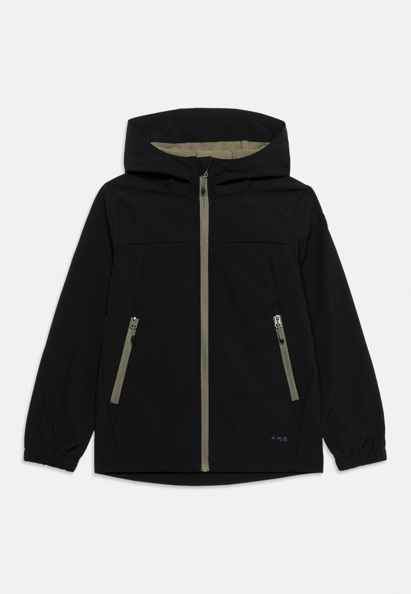 Veste noire à capuche avec fermeture éclair grise et deux poches avant zippées, poignets élastiques et doublure intérieure gris clair visible à l'intérieur de la capuche.