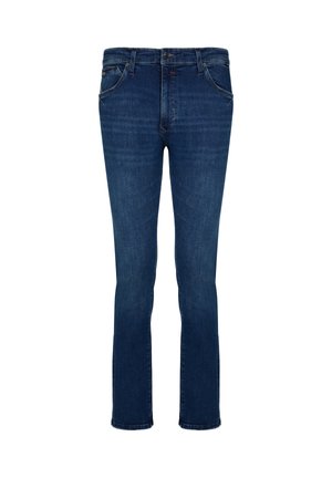 Dunkelblaue Denim-Jeans mit geradem Schnitt, fünf Taschen und einem Reißverschluss vorne. Enthält Nähdetails und einen leichten Ausbleichungseffekt.