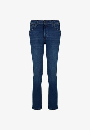 Dunkelblaue Denim-Jeans mit geradem Schnitt, fünf Taschen und einem Reißverschluss vorne. Enthält Nähdetails und einen leichten Ausbleichungseffekt.