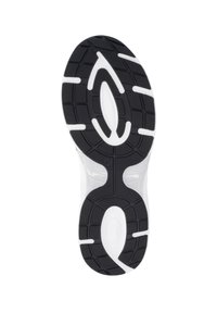 Semelle de chaussure de sport en noir et blanc avec un motif de semelle à rainures courbes, en matériau caoutchouteux, et un détail de marque dans la zone de la voûte.