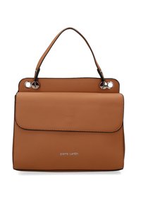 Borsa a mano in pelle marrone con forma strutturata, dotata di chiusura a pattina, doppi accenti metallici circolari e manico superiore. Logo visibile sulla parte frontale.